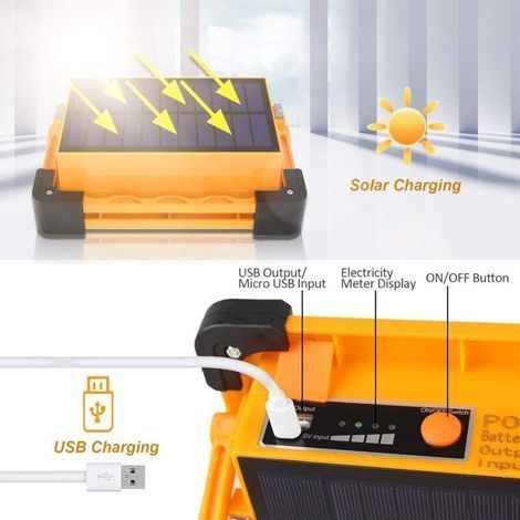 Projecteur solaire 70W Projecteur LED Rechargeable 3 Modes Super Brillant Lampe de Travail Projecteur LED Portable avec Solaire Lampe Chantier pour Chantier, Camping, Pêche, éparation de voiture, Bric (1/4)