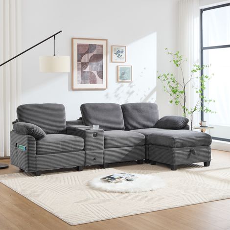 Divano in velluto a coste grigio scuro 266 cm con console scorrevole, USB-C e pouf contenitore (1/5)