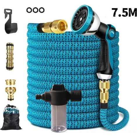 Kit tuyau d’arrosage extensible 7,5 m (2,5 m au repos) avec réservoir détergent, pistolet 10 jets, raccords métalliques pour jardin et lavage voiture (1/3)