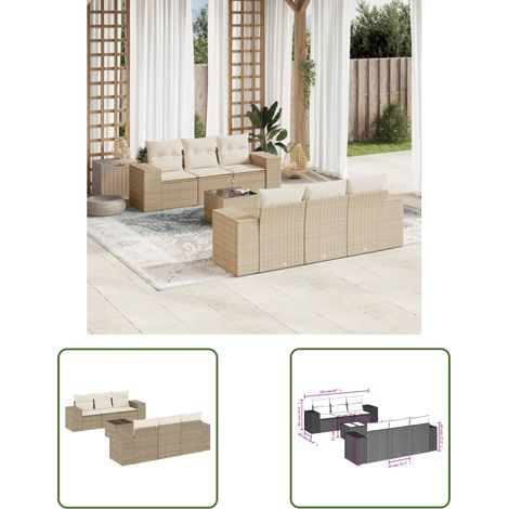 The Living Store 7-tlg. Garten-Sofagarnitur mit Kissen Beige Poly Rattan - Gartenmöbel Set - PE-Rattan Möbel - Outdoor Lounge - Esstisch - Sofasitzgruppe