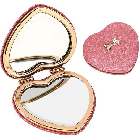 Specchio compatto da 7,5 cm, mini specchio tascabile a forma di cuore, pieghevole e portatile, ingrandimento 1x/2x, piccolo specchio compatto portatile a doppia faccia, grazioso specchio glitterato, r (1/5)