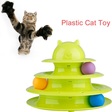 Jouet pour chat à plateau tournant à trois niveaux, en plastique détachable et antidérapant, avec un joli dessin animé (vert) (1/5)