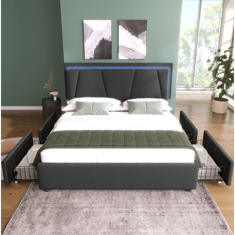 Lit rembourré gris 160x200 cm avec LED, 4 tiroirs et tête de lit réglable (1/5)