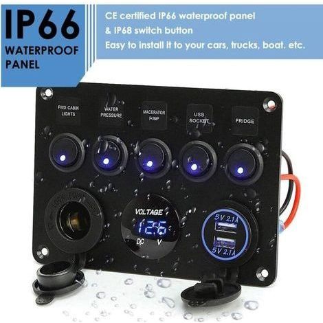 12-V-Marine-Schalttafel, 4,2-A-USB-Ladeanschluss + Zigarettenanzünderbuchse + Voltmeteranzeige, IP65 wasserdichte Wippschalter (1/4)