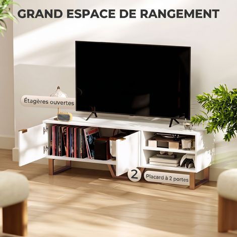 Meuble TV banc TV pour téléviseur jusqu'à 70 pouces - placard à 2 portes cannelées, compartiment ouvert et passe-câbles (1/5)