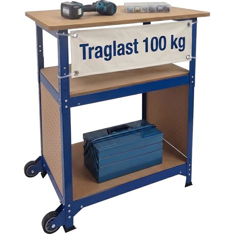 Relaxdays Werkbank, mit Rollen, HBT: 69,5x72,5x50 cm, höhenverstellbar, Werktisch mit Lochwand, Stahl & MDF, blau