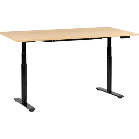 Escritorio de altura regulable eléctrico moderno patas redondas 180 x 72 cm tablero marrón claro y base negra Destinas (1/5)