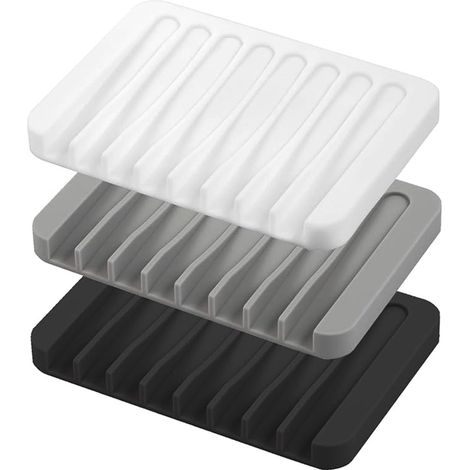 Lot de 3 - Porte-savon en silicone - Accessoires de salle de bain - Porte-savon à drainage automatique - Idéal pour la douche, la baignoire, la cuisine et le plan de travail - Noir, gris foncé, blanc (1/5)