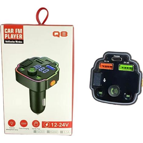 Lecteur MP3 Bluetooth FM pour voiture X8 E-commerce avec appels mains libres, diffusion vocale, charge rapide PD, format U - Meilleure vente Q8, emballage couleur (1/3)