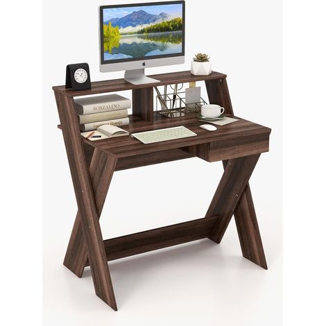 COSTWAY Mesa de Ordenador con Cajón, Mesa Escritorio con Elevador de Pantalla, Reposapiés y Patas en Forma de X, Mesa de Estudio para Espacios Pequeños, Hogar y Oficina (Nogal) (1/5)