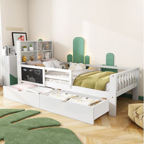 DESVIAE Lit enfant avec tableau et tiroirs de rangement en bois massif et MDF blanc 90 x 200 cm avec sommier à lattes barrière de sécurité étagère de tête pour chambre d enfant (1/5)