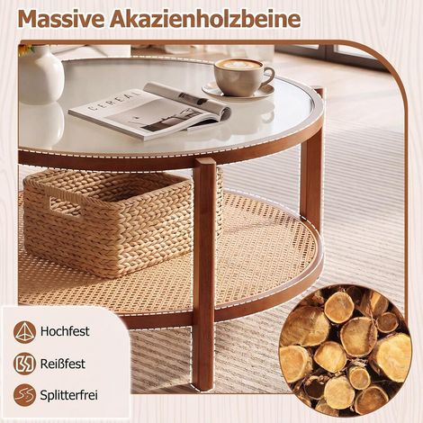 À monter, table basse 2 niveaux en rotin avec plateau en verre trempé dépoli et étagère ouverte (1/5)