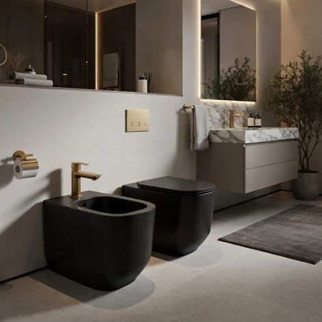 Sanitari filomuro WC e Bidet in Ceramica Copriwater soft-close Ceramiche Dolomite serie ALBA - Nero Opaco (1/5)