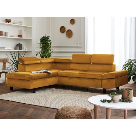 Nairobi – ecksofa mit schlaffunktion – aus samt – 5-sitzer – mit kopfstützen – links - gelb