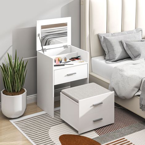 Table de Maquillage en Bois avec Miroir Pliable, 2 Tiroirs et Tabouret, 50x40x113.5 cm, Blanc