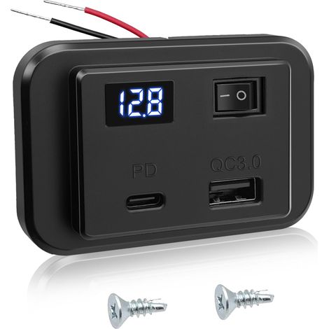 12V Prise de Chargeur USB C de Voiture avec Interrupteur et Voltmètre LED 40W PD2.0+QC3.0,DC12V-26V Panneau de Double USB Commande Charge Rapide Adaptateur pour Bateau Camping Car Camion 1pcs (1/5)