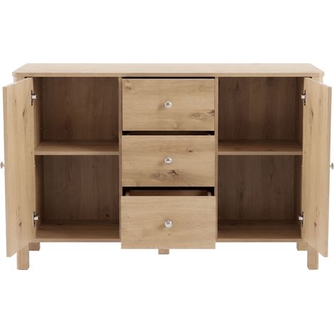 Credenza con 3 cassetti e 2 ante in truciolare effetto rovere 120 x 40 x 80 cm (1/5)