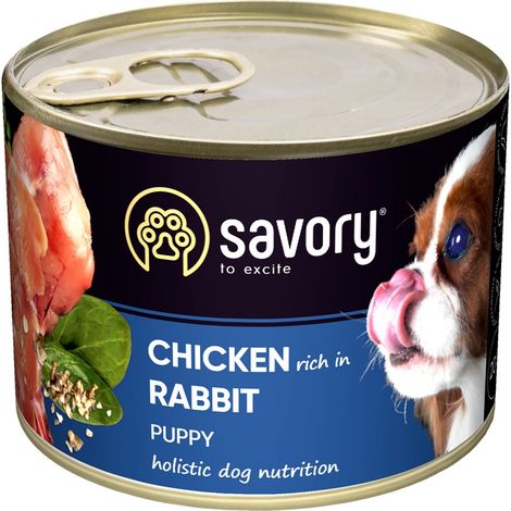 Cibo umido saporito per cuccioli junior, tutte le razze, pollo e coniglio, 200 g (1/2)