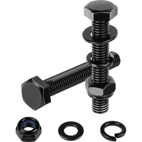 12 Pièces Boulons à Tête Hexagonale Noir M6x50 mm Boulon Inox M6 A2 V2A Vis Inox avec écrou Autobloquant, Rondelle élastique et Rondelle Plate pour Meubles Auto (1/5)