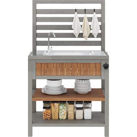 Armoire de jardin extérieur avec bac à eau et robinet, ouvre-bouteilles intégré, tiroir et étagères réglables, station barbecue multifonction résistante aux intempéries