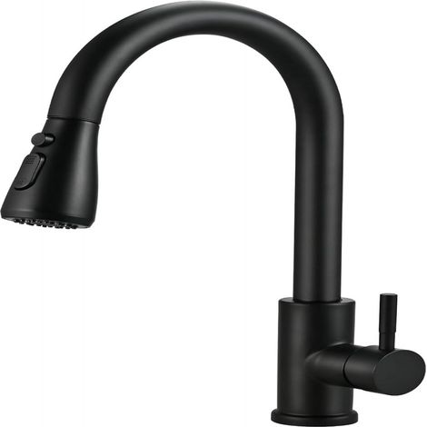 Robinet De Cuisine - Tête Pivotante 360° - Bec Haut Arc - Douchette Rétractable - 3 Modes Débit - Acier Inoxydable 304 - Noir Mat - 1 Pièce