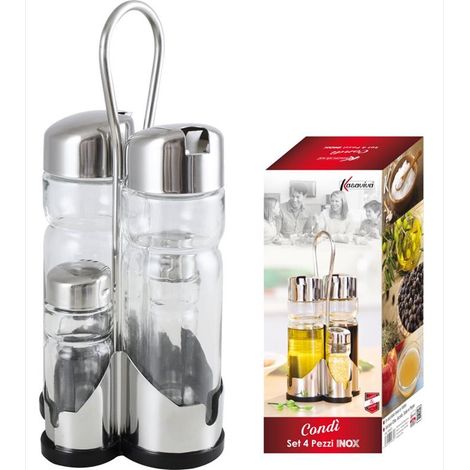 MAURY'S CONDÌ MENAGE DA TAVOLA RISTORANTE 4PZ INOX SALE PEPE OLIO ACETO CON VERSATORE (1/4)