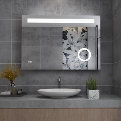 MIQU Badspiegel LED 100x70 cm Badezimmerspiegel mit Beleuchtung warmweiß / kaltweiß dimmbar Lichtspiegel Wandspiegel mit Touch +Steckdose + Vergrößerung + beschlagfrei rechteckig (1/5)