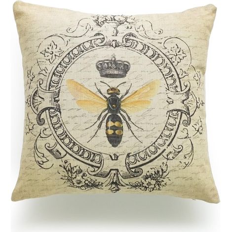 Housse de coussin décoratif en coton et lin épais, style campagne française moderne, abeille reine, 45x45 cm (18x18 pouces) (1/3)