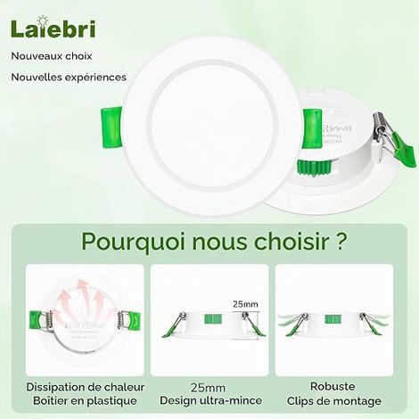 Spot LED Encastrable Plat 25mm 6W Spots de Plafond Dimmable Sans Variateur 2700K 4000K 6000K IP44 Spot Salle de Bain Découpe Ø58-68mm 230V Blanc (1/4)