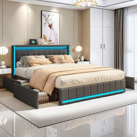 Doppelbett - 140x190 cm - Lattenrost - Integrierte LED - 4 Schubladen