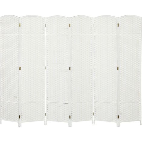 Paravent pliant 6 panneaux en bois de pin et tissu polypropylène blanc, séparateur d’espace pour salon, chambre, bureau (1/5)