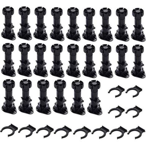 Set of 24 adjustable plastic furniture feet, black, with clip fixing, for kitchen furniture, cabinets and sofas (60 mm - 80 mm) (1/5)