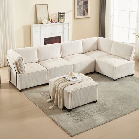 Sofa modular aus Cord Beige 308 cm, 6-Sitzer, flexibel als U-Form/L-Form und Liegefläche nutzbar (1/5)