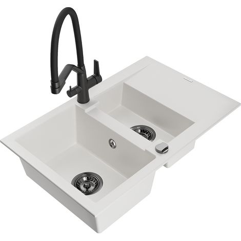 Mexen Gaspar 1,5-Becken-Granitspüle mit Abtropffläche und Mischbatterie Duo, Weiß - 6507-20-671701-7
