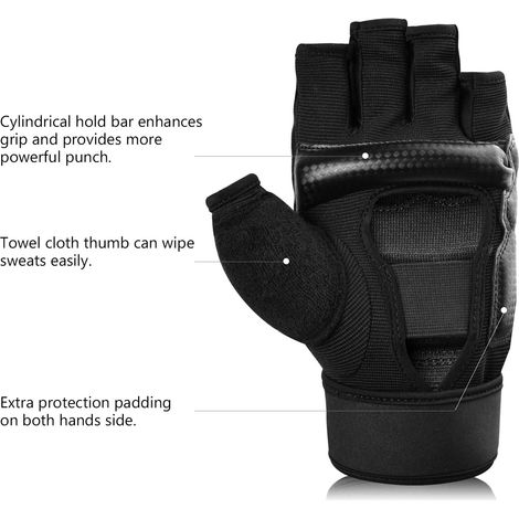 Gants De Boxe - Cuir Synthétique PU 1 mm - Rembourrage EVA 10 mm - Attache Poignet Élastique 27 cm - Design Paume Ouverte - Pour Sacs De Frappe Et Arts Martiaux - Par Paire (1/5)