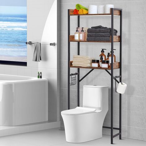Étagère WC 3 Niveaux en Métal et Bois, Crochets et Porte-Rouleau Marron (1/5)