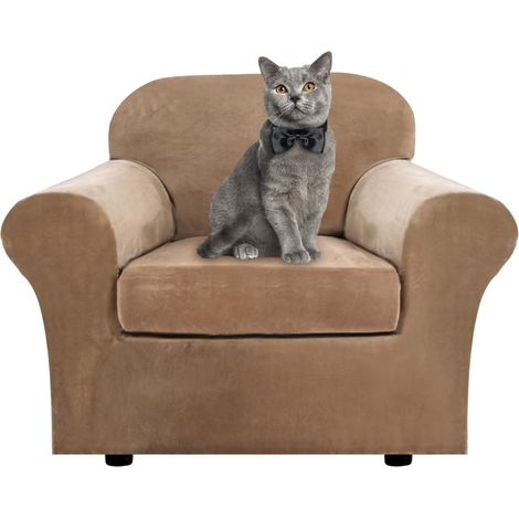 Soft and stretchy velvet sofa cover with separate cushion covers for 1, 2, 3 seater sofas with anti-slip strap for living room, bedroom (cafe, 1 seater) (1/5)