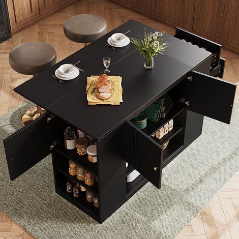 Isla de cocina con cajones y estantes plegable y práctica mueble de almacenamiento MDF 140x40x90cm color negro (1/5)