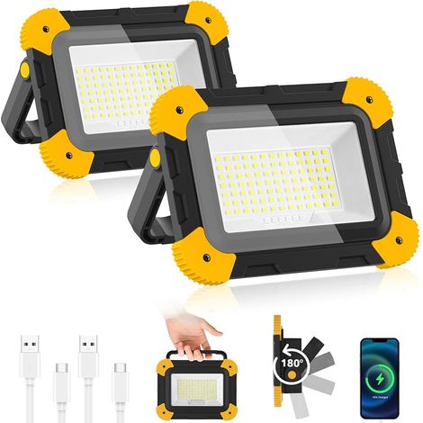 Projecteur Led Rechargeable, 5 Modes Lampe de Chantier Batterie avec Câble USB, 3000mAh Eclairage Chantier Portable, IP65 Étanche Lumiere Chantier pour Garage, Camping, Pêche, 2 Pièces (1/5)
