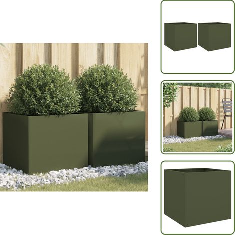 The Living Store Pflanzkübel 2 Stk. Olivgrün 42x40x39 cm Stahl - Blumentopf - Gartendeko - Stahltöpfen - Hochbeet - Balkonpflanzen (1/5)