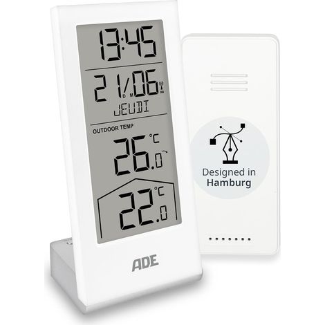 Station météo numérique sans fil avec capteur extérieur horloge numérique avec thermomètre intérieur et extérieur pour la maison horloge radio pilotée calendrier numérique blanc (1/5)