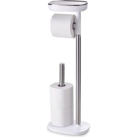 Portarotolo da terra, può contenere fino a 4 rotoli, con ripiano per telefono e scomparto per sanitari, in acciaio inossidabile. (1/4)