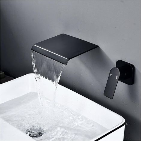 Noir Salle de Bain Cascade Bassin Bassin Mélangeur Robinet Simple Levier Montage Mural Lave-lavabo Robinet Tapis de Bain à la Cascade en Or brossé(Matte Black C) (1/5)