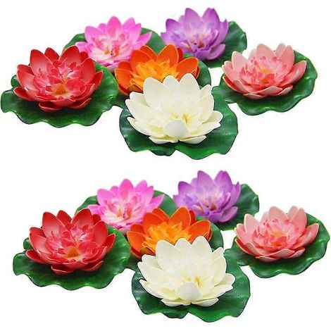 Lot de 12 fleurs de lotus artificielles flottantes en mousse avec nénuphar, décoration réaliste pour la maison, le jardin et le bassin (inspiration indienne). (1/5)