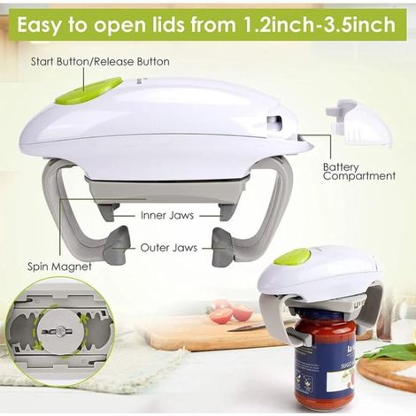 Abridor de frascos eléctrico: electrodoméstico de cocina potente y robusto para frascos sellados: abrebotellas automático de manos libres que requiere menos esfuerzo para abrir (blanco) (1/5)