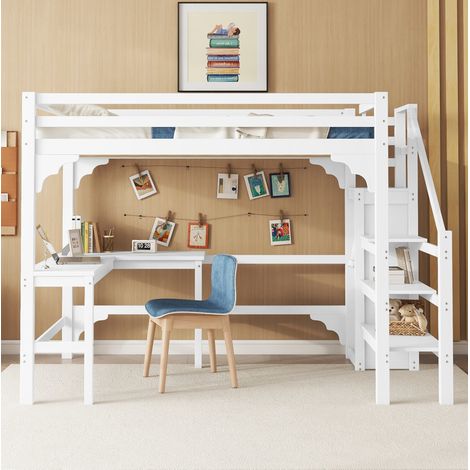 Letto a soppalco minimalista 140x200 cm in pino bianco con scrivania a L, armadio aperto e scala contenitore (1/5)