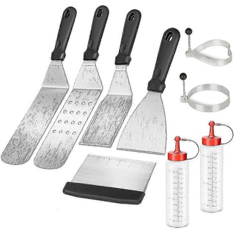 Ensemble d'ustensiles de cuisine en acier inoxydable pour barbecue - Comprend 2 spatules, 2 bouteilles, 2 moules à omelette, 1 spatule à hamburger, 1 grattoir et 1 planche à pétrir. (1/5)