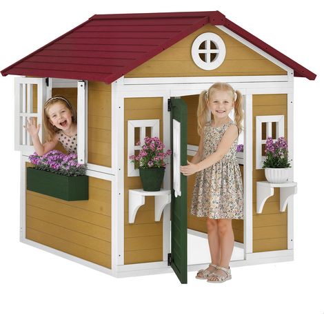 Cabane Enfant Extérieur Maisonnette de Jeu Plein Air avec Porte Fenêtres et Jardinières Beige - 114 x 126,4 x 135 cm (1/5)