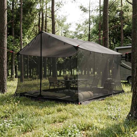 Tarp de camping avec murs en maille bâche de protection marron gris 340 x 260 x 220 cm - PANGIVO (1/5)