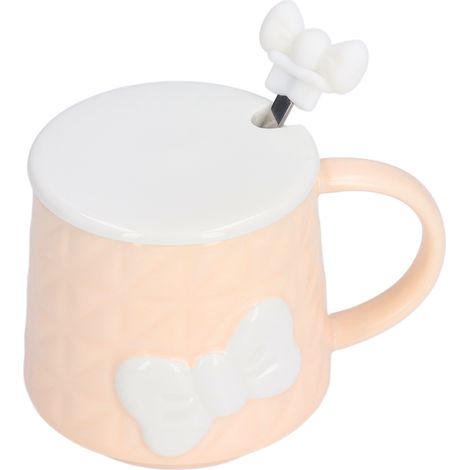 Mug en Céramique 400ml avec Couvercle et Cuillère en Acier Inoxydable, Idée Cadeau pour la Maison ou les Fêtes - Design Nœud Papillon Orange (1/5)